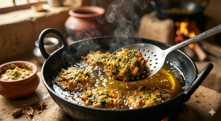 pakora frying in cold pressed mustard oil